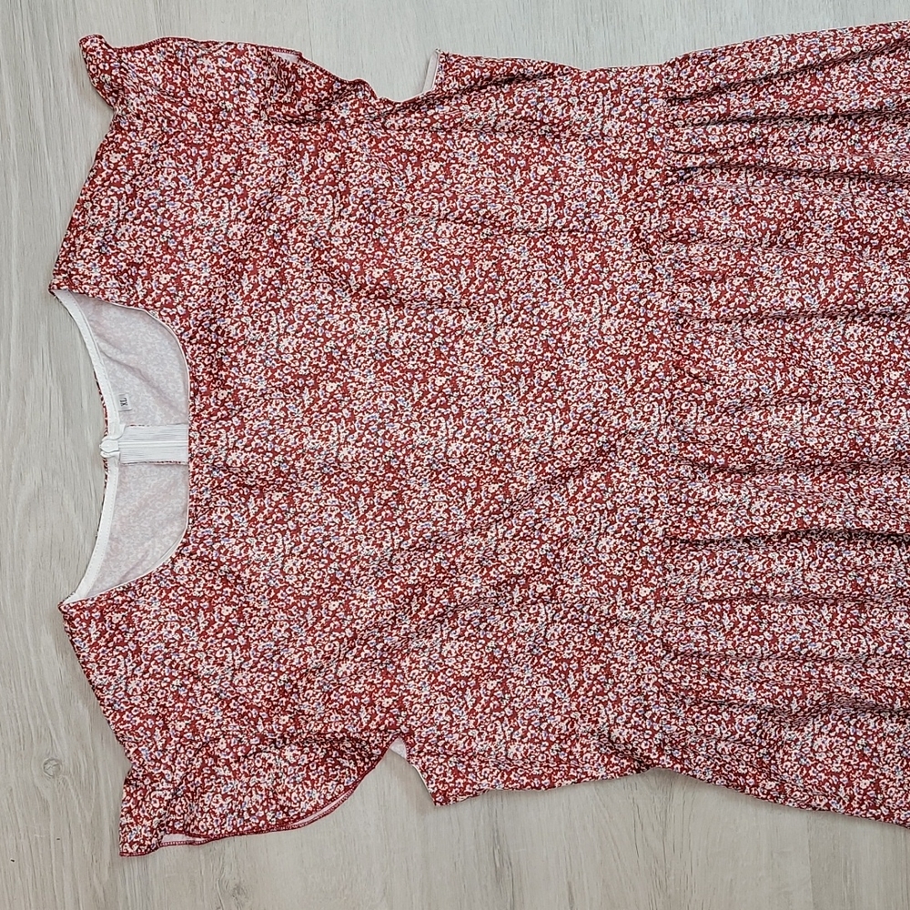 Burgundy/White XL flower Scoop neck Midi/Maxi dress w/ Capped sleeves NWOT [52]